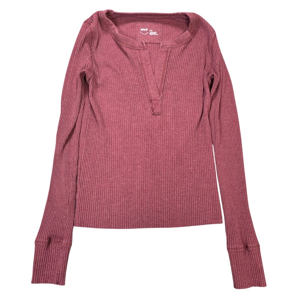 Aerie Ribbed Split Neck Top Women's Size Medium Burgundy Red Long Sleeve